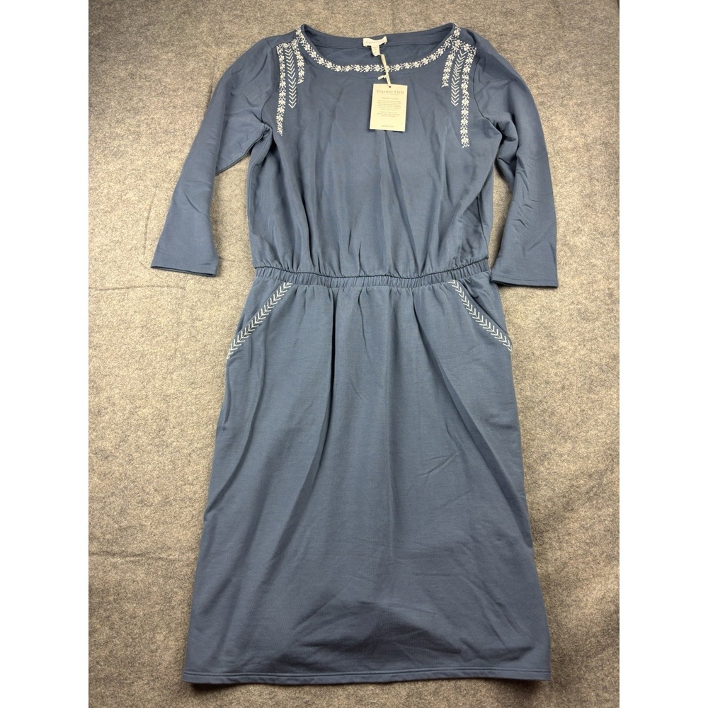 Garnet Hill Women's S Blue Jersey Knit Dress Embroidered Beachy Boho Preppy NWT